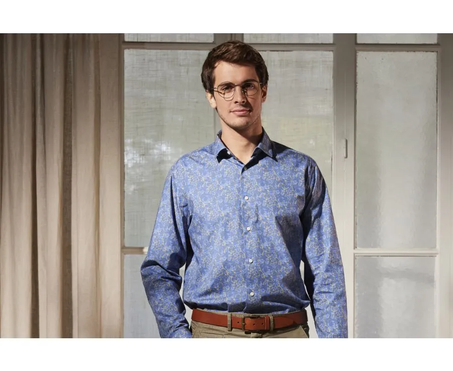 INDIGO BLUE SHIRT WITH TROPICAL KHAKI PRINT  GALLIBERT