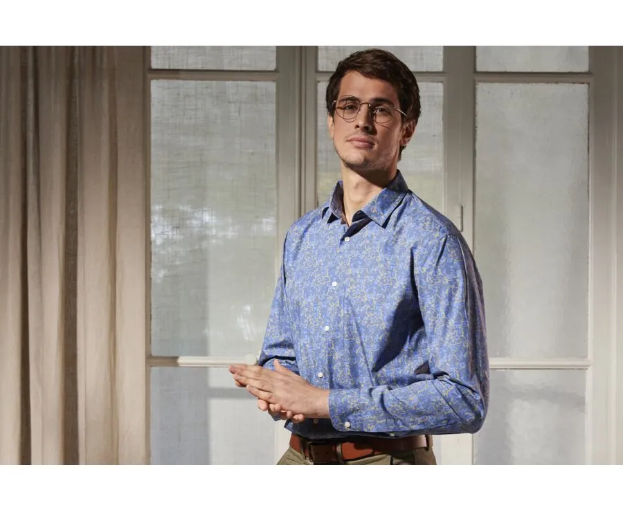 INDIGO BLUE SHIRT WITH TROPICAL KHAKI PRINT  GALLIBERT