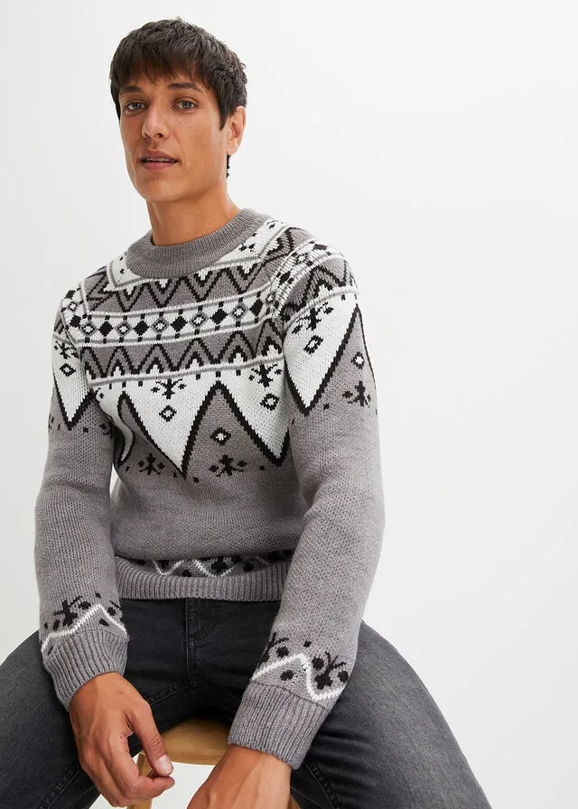 Jersey de estilo noruego Gris jaspeado con patrón nórdico