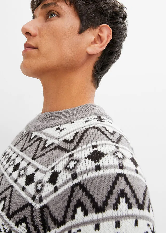 Jersey de estilo noruego Gris jaspeado con patrón nórdico