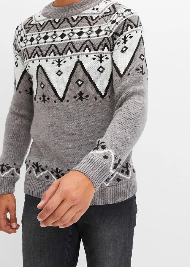 Jersey de estilo noruego Gris jaspeado con patrón nórdico