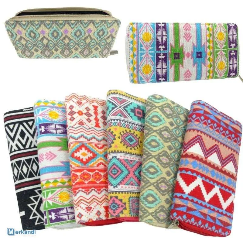 LOTE SURTIDO DE BILLETERAS Y CARTERAS ÉTNICAS PARA MUJER  DIVERSIDAD DE ESTAMPADOS Y COLORES EN PACKS DE 10 PIEZAS