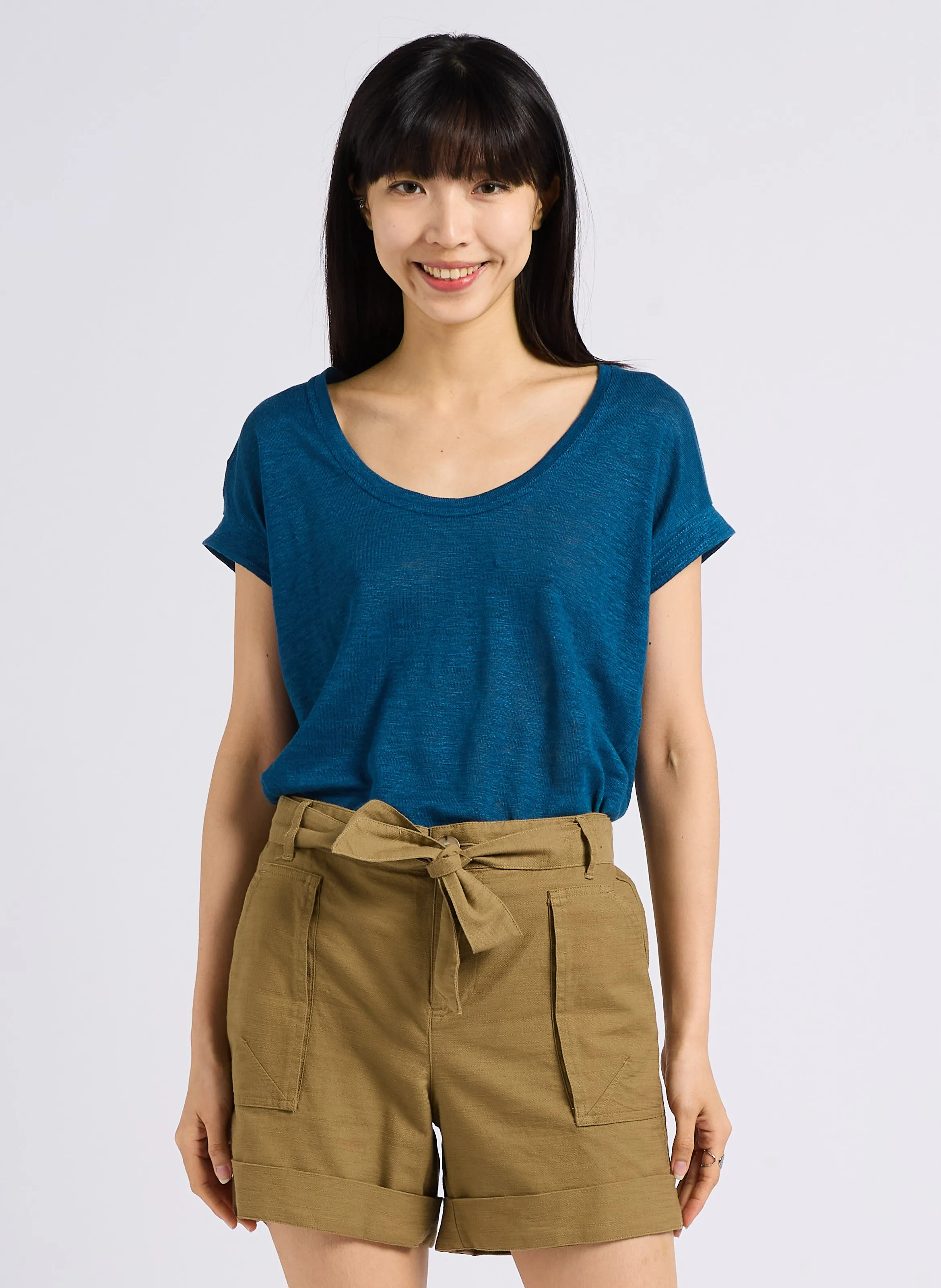 MAISON 123 DAREN  CAMISETA RECTA DE LINO CON CUELLO REDONDO EN AZUL
