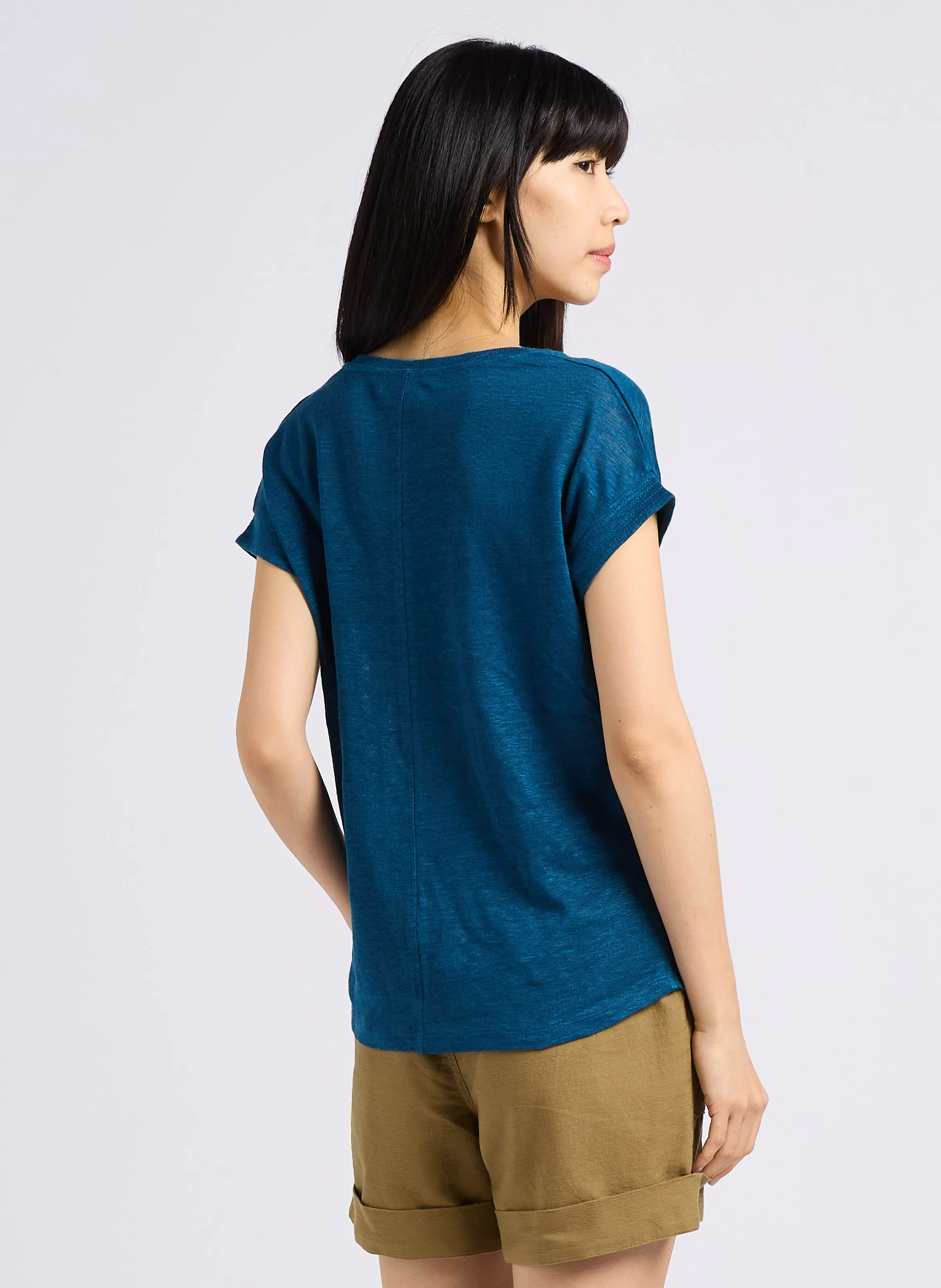 MAISON 123 DAREN  CAMISETA RECTA DE LINO CON CUELLO REDONDO EN AZUL