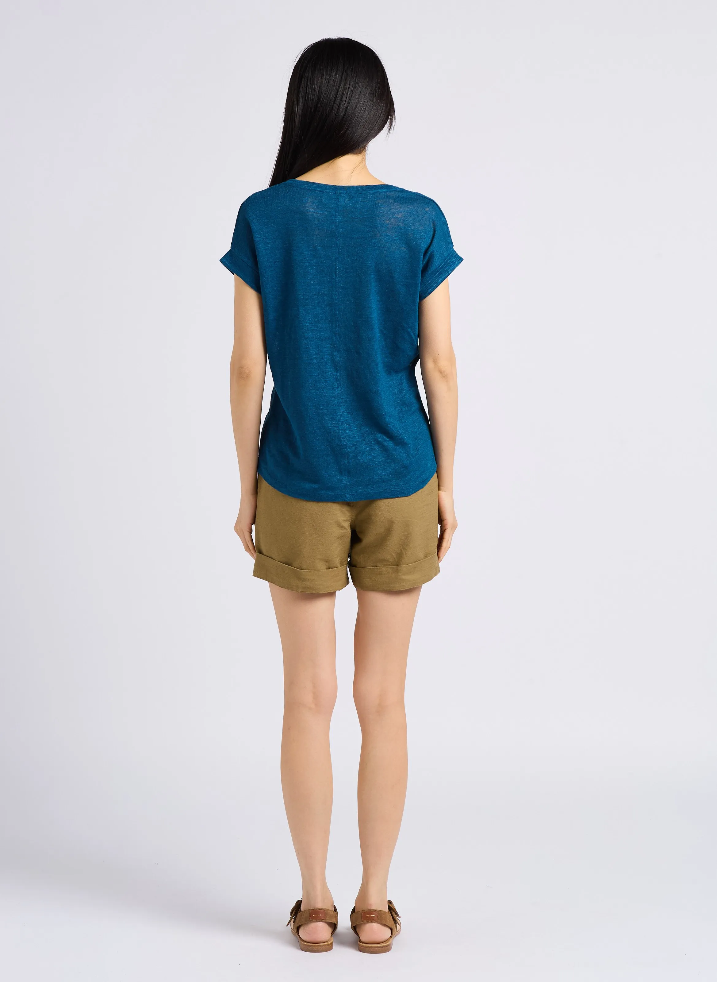 MAISON 123 DAREN  CAMISETA RECTA DE LINO CON CUELLO REDONDO EN AZUL