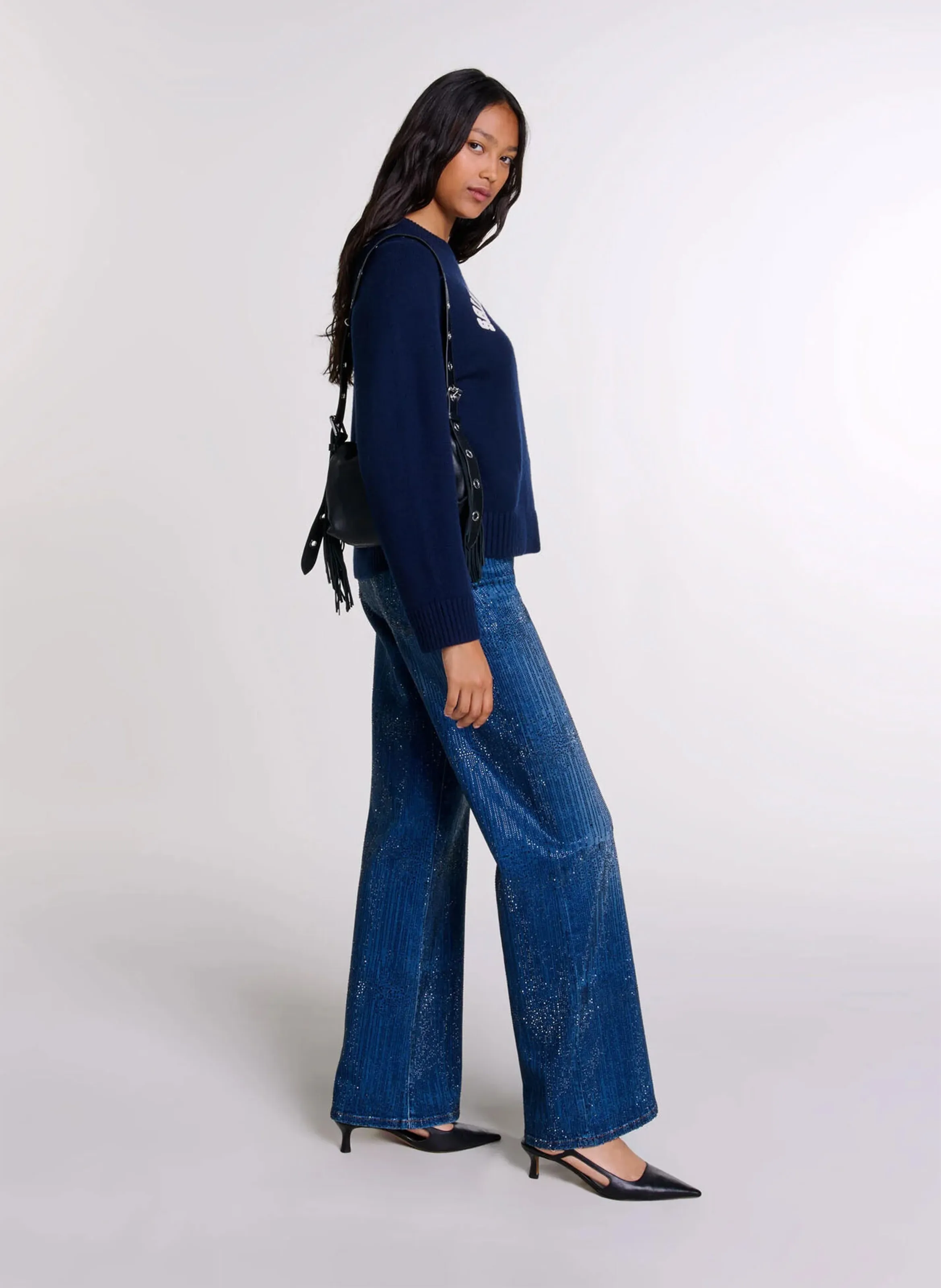MAJE Pantalón ancho de algodón mezclado con pedrería. en azul