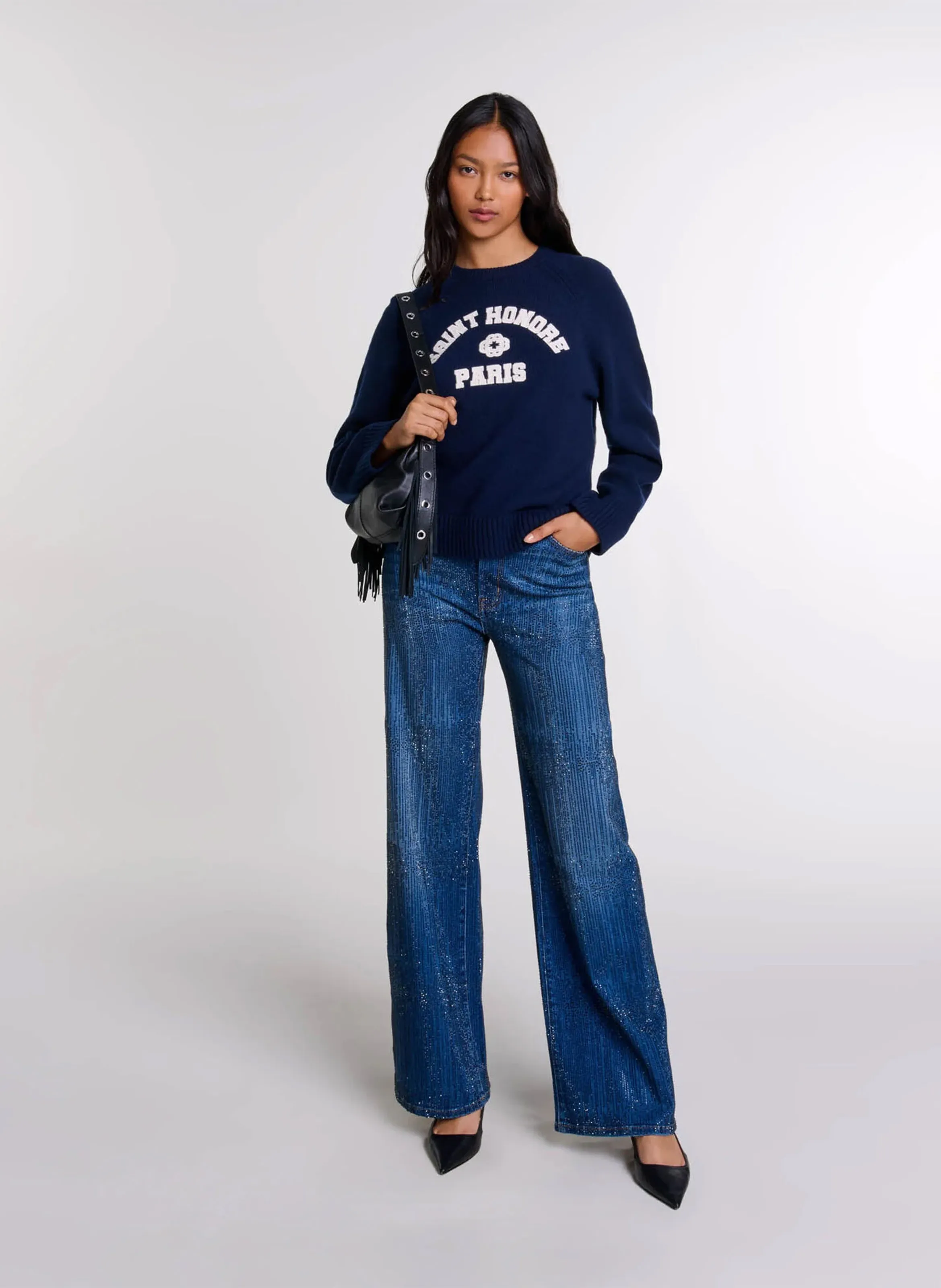 MAJE Pantalón ancho de algodón mezclado con pedrería. en azul