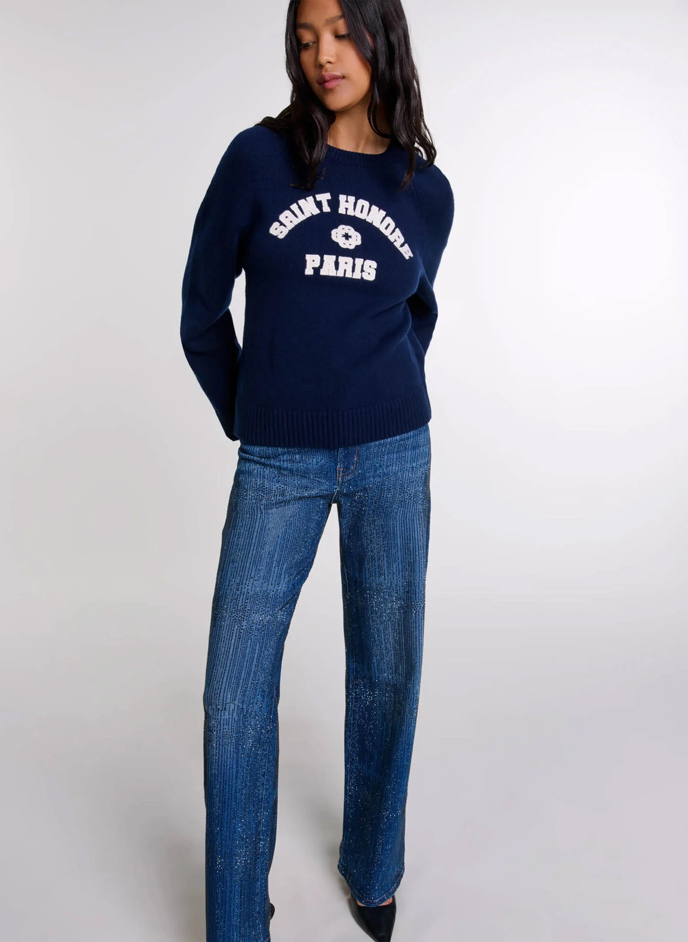 MAJE Pantalón ancho de algodón mezclado con pedrería. en azul