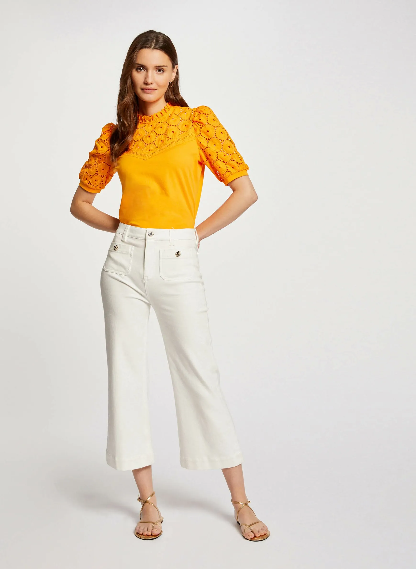 MORGAN DULIE  TOP DE ALGODóN BORDADO CON CUELLO ALTO EN NARANJA
