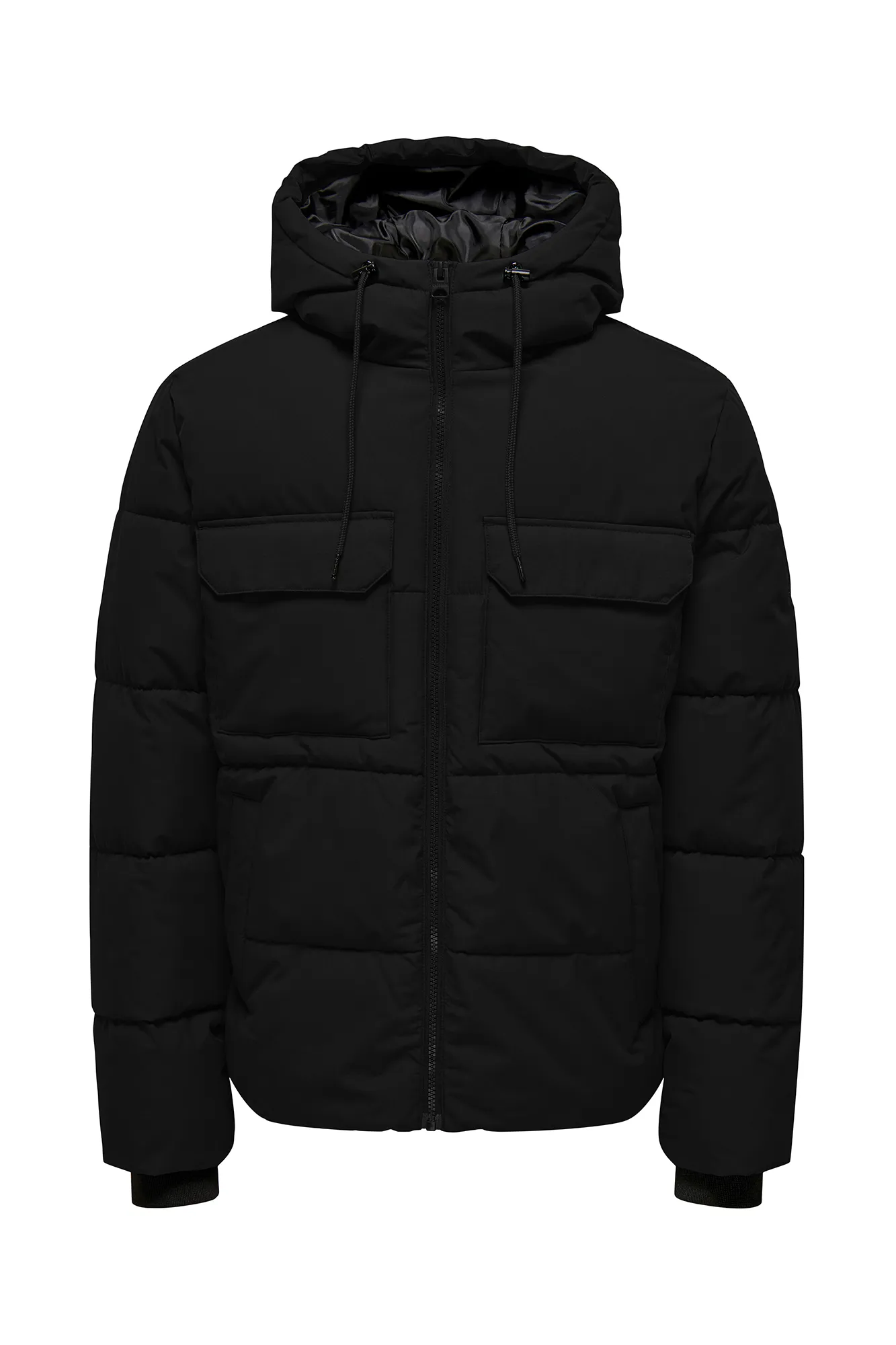 Only & Sons Abrigo acolchado con capucha ajustable con cordón. Tiene bolsillos estilo canguro y bolsillos frontales a