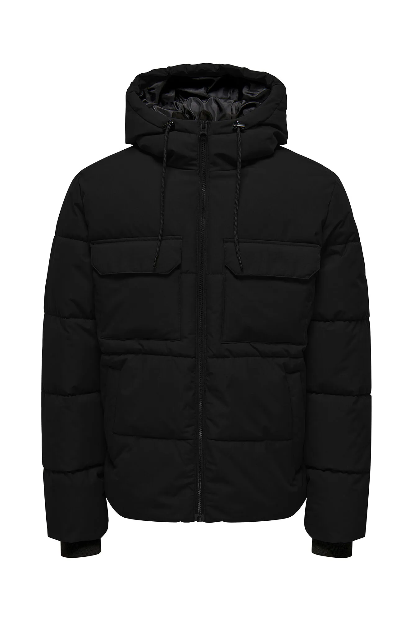 Only & Sons Abrigo acolchado con capucha ajustable con cordón. Tiene bolsillos estilo canguro y bolsillos frontales a