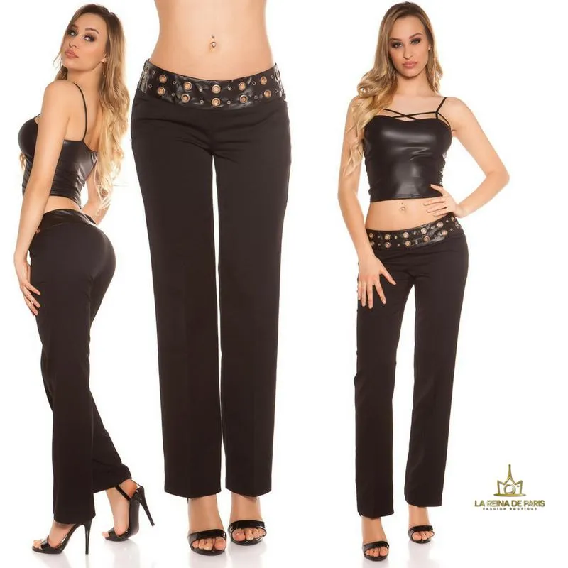 Pantalones rectos negro con cuero