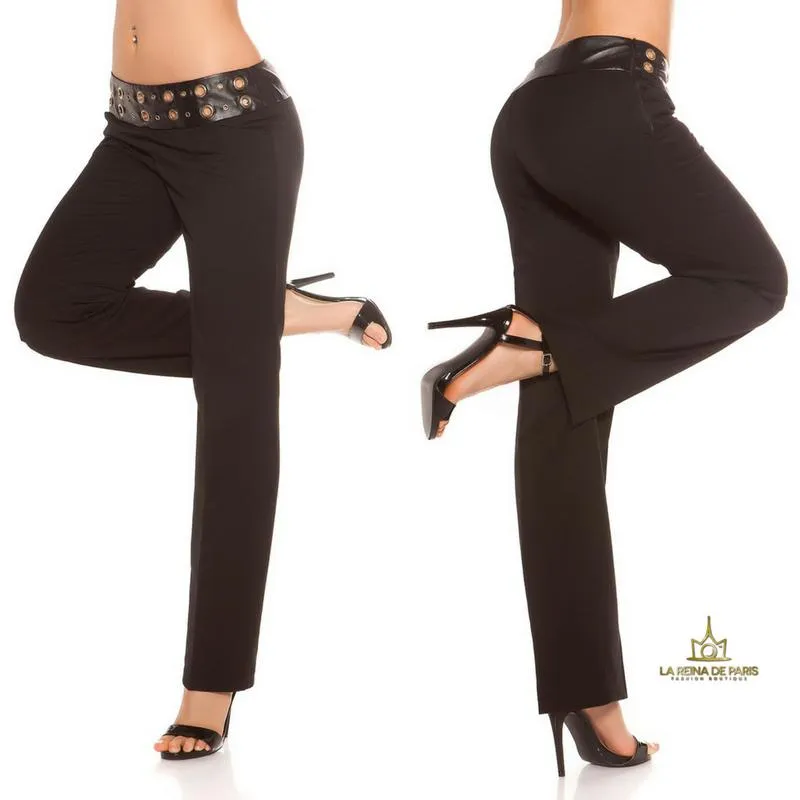 Pantalones rectos negro con cuero