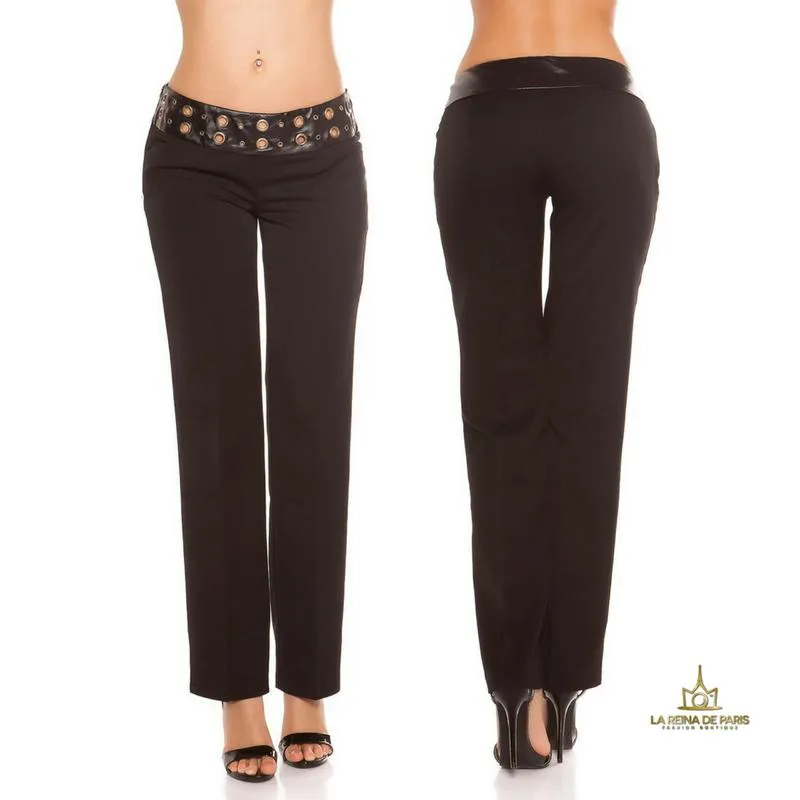 Pantalones rectos negro con cuero