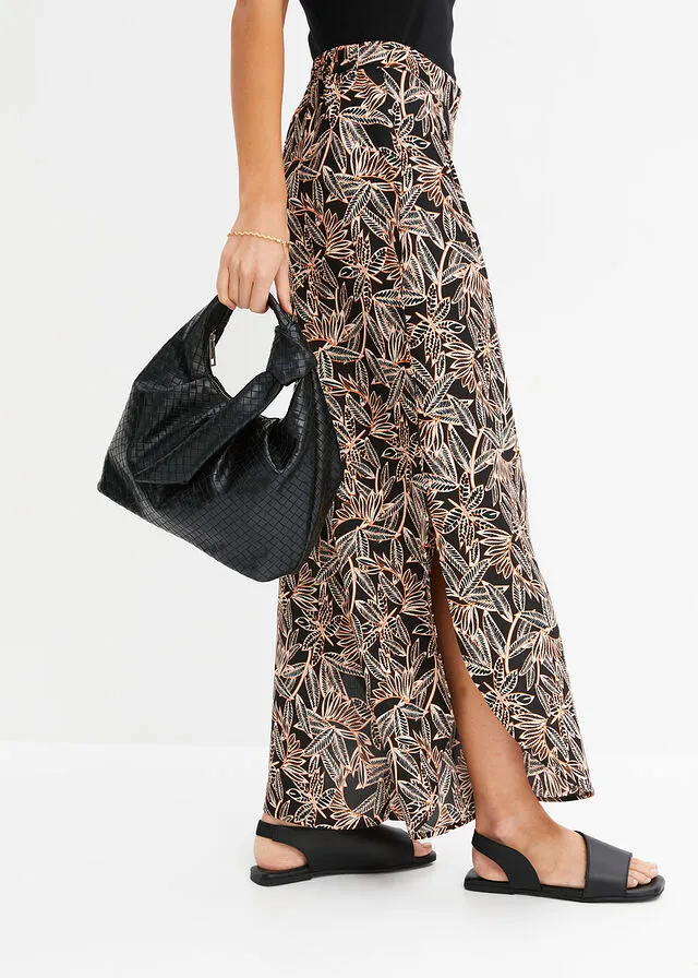Pantalón palazzo con abertura Negro/crudo/naranja estampado