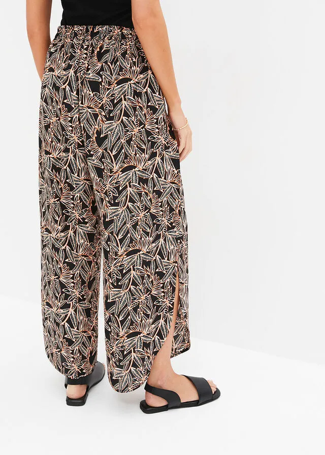 Pantalón palazzo con abertura Negro/crudo/naranja estampado