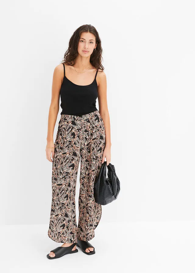 Pantalón palazzo con abertura Negro/crudo/naranja estampado