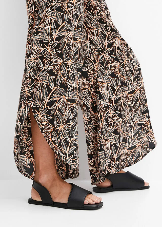 Pantalón palazzo con abertura Negro/crudo/naranja estampado