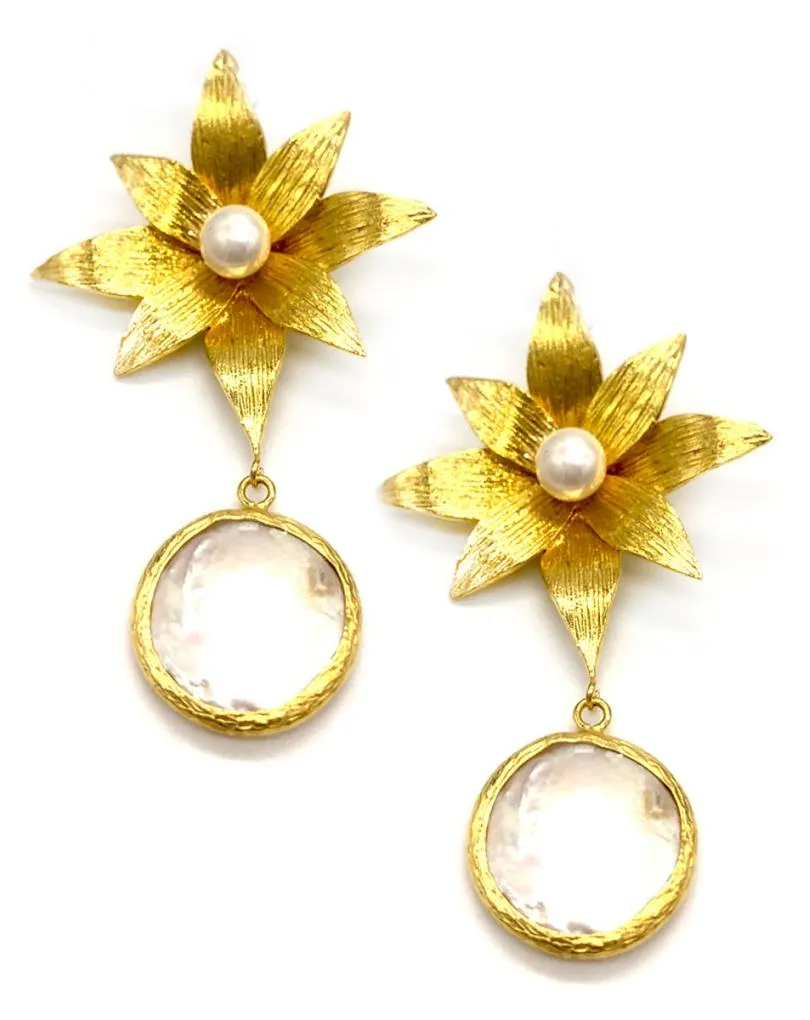 PENDIENTES PARA FIESTAS LARGOS DE ALTA BISUTERÍA CON FLOR Y LÁGRIMA DE PIEDRA LUNA