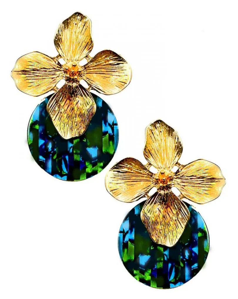 PENDIENTES VERDES Y AZULES CON FLOR DORADA PARA BODAS
