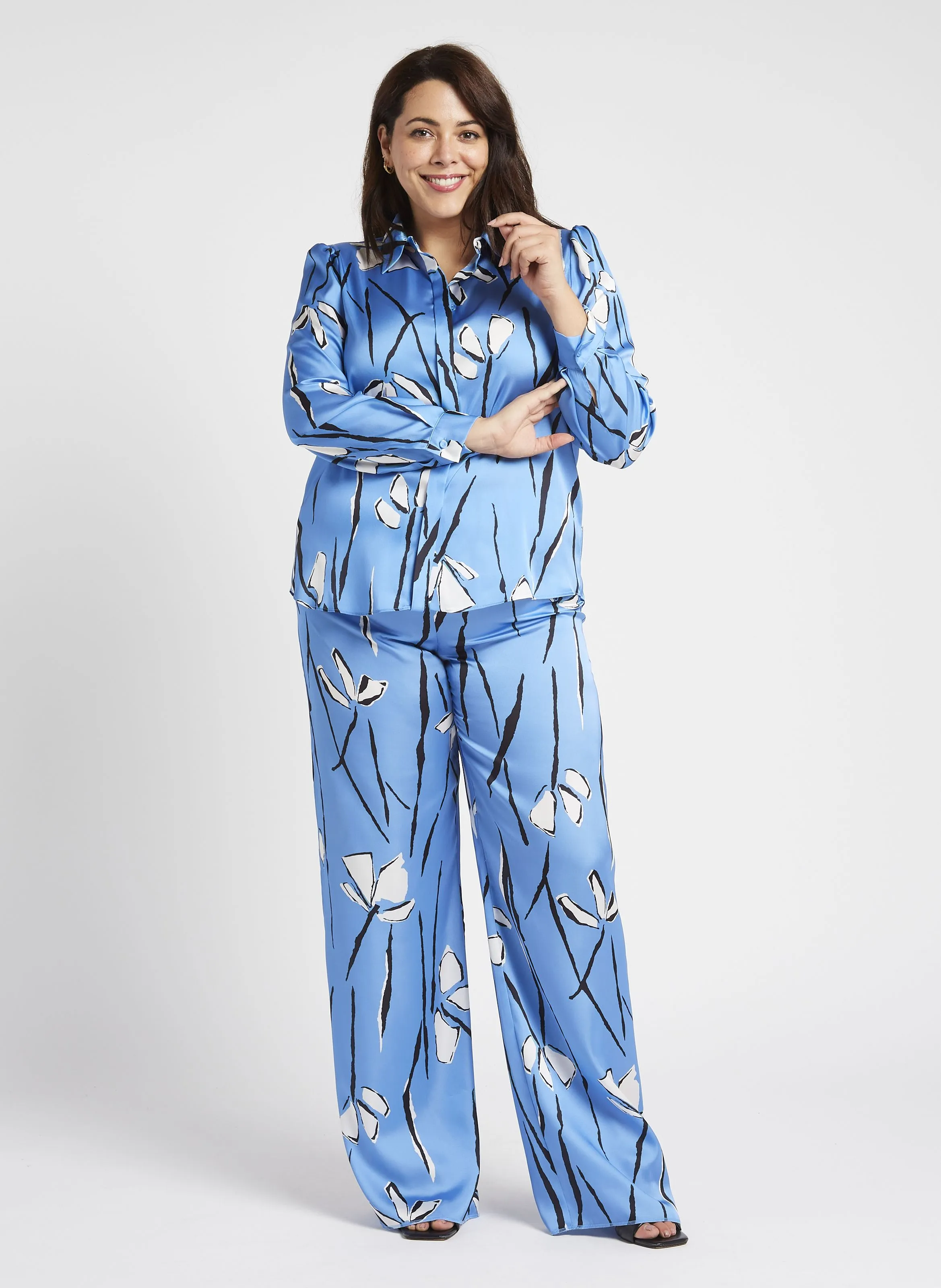 PERSONA BY MARINA RINALDI ALPACA  PANTALóN ANCHO SATINADO ESTAMPADO EN AZUL