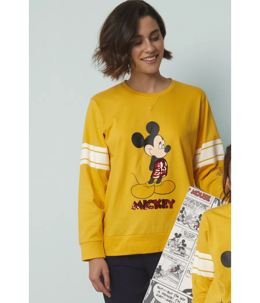 Pijama Mickey Poses mujer Disney invierno mostaza algodón