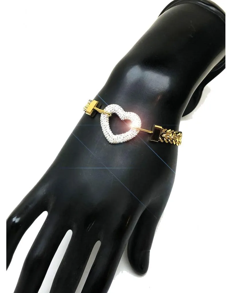 PULSERAS DORADAS CON CORAZON DECORADO EN CRISTAL BRILLO