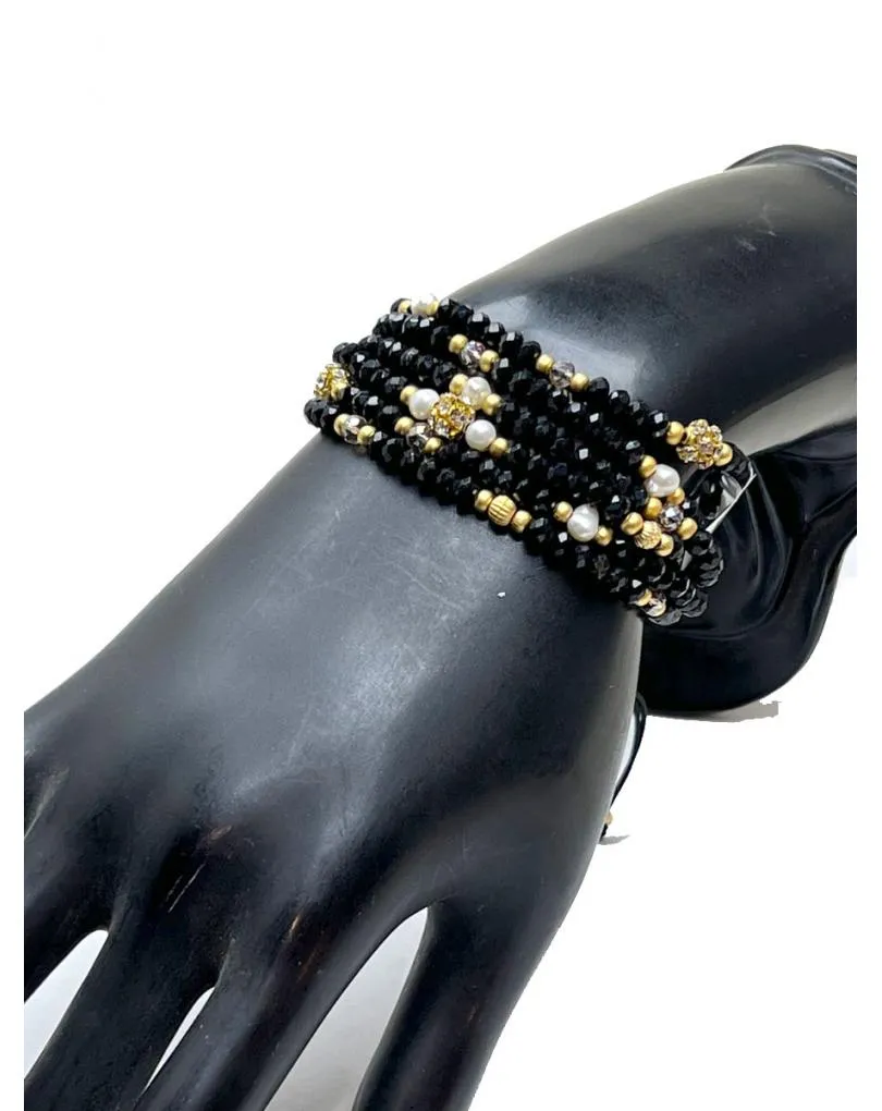 PULSERAS NEGRAS AJUSTABLES DE VARIAS HILERAS DE CRISTAL