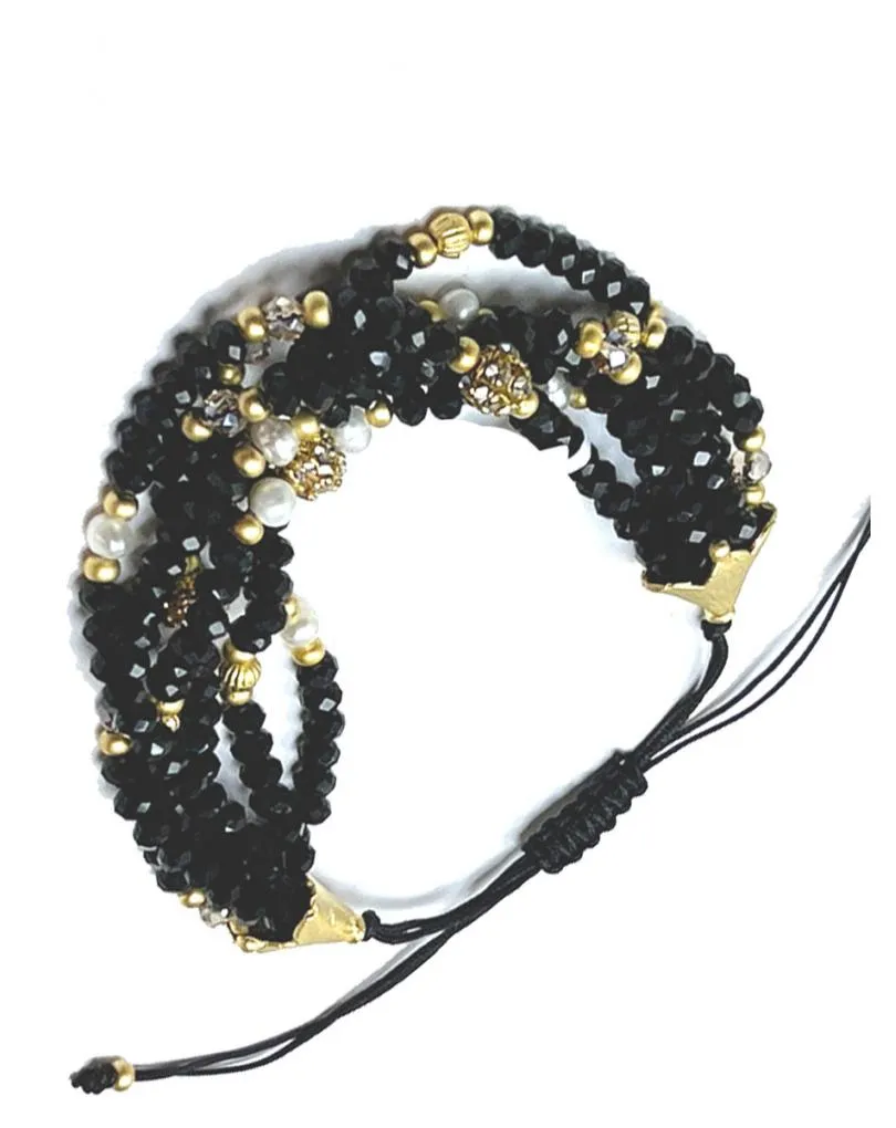 PULSERAS NEGRAS AJUSTABLES DE VARIAS HILERAS DE CRISTAL