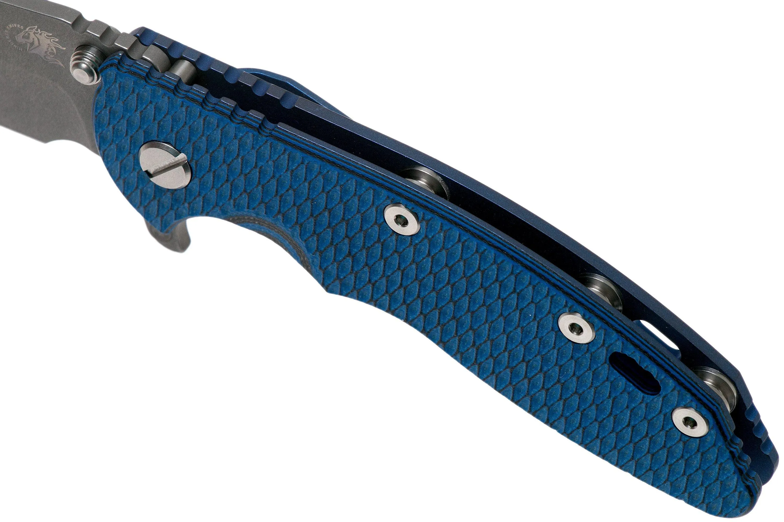 RICK HINDERER XM18 3.5" SKINNY HARPOON SPANTO BATTLE BLUE, BLUEBLACK G10 NAVAJA