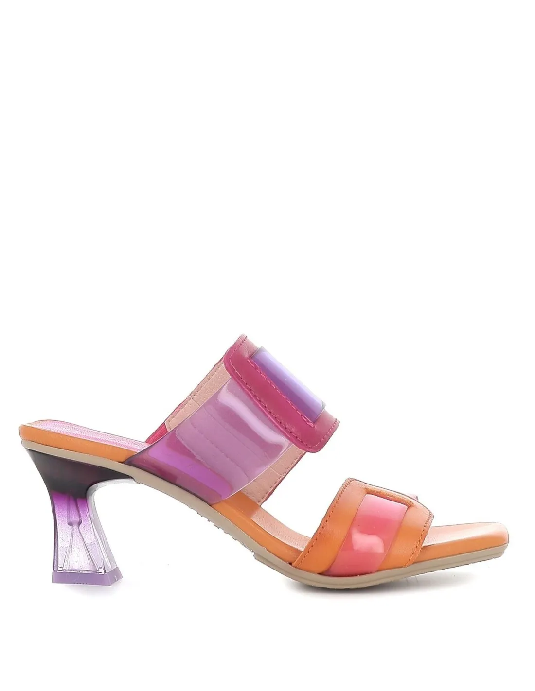 Sandalia vinilo con tacón para mujer naranja y rosa Hispanitas