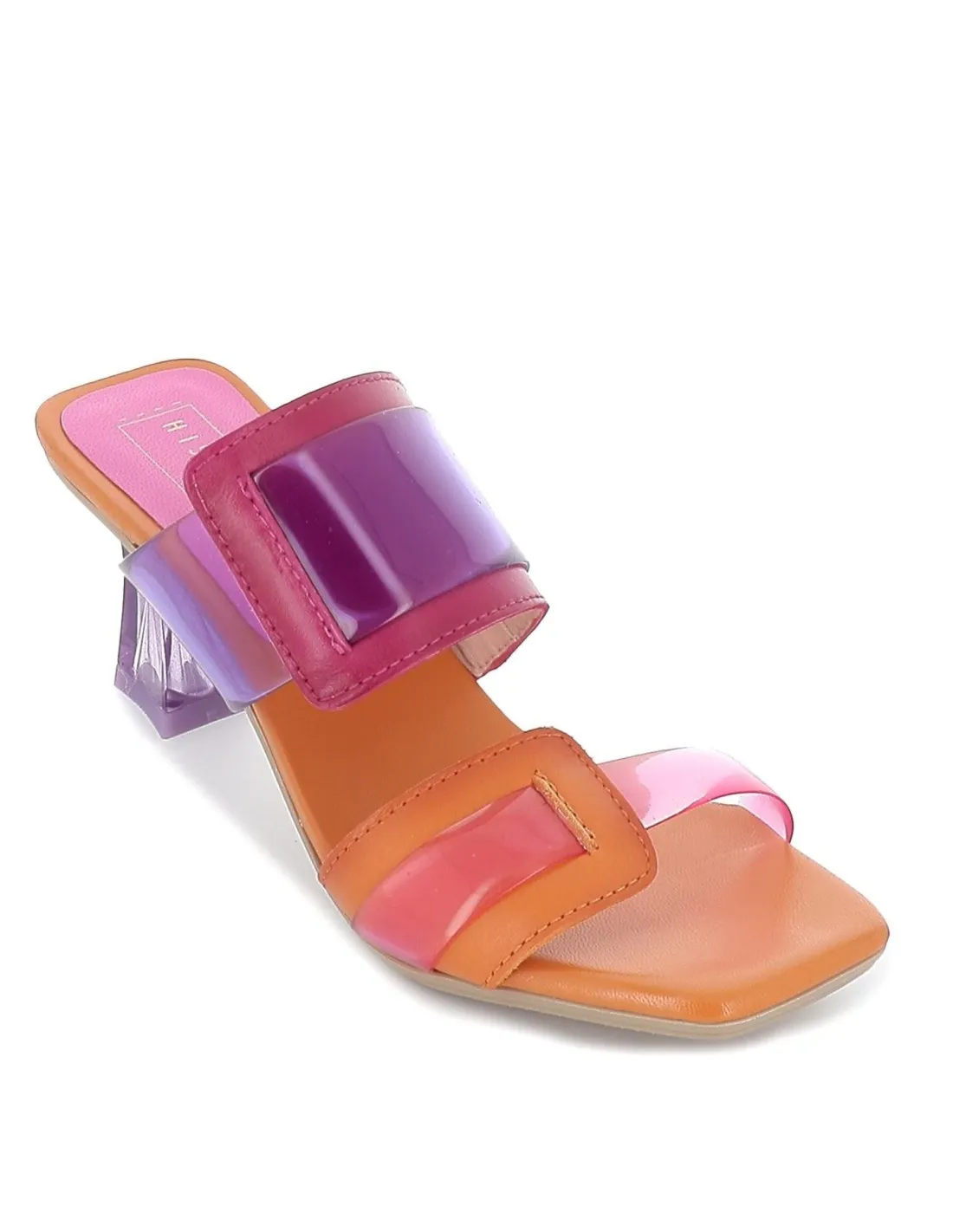 Sandalia vinilo con tacón para mujer naranja y rosa Hispanitas