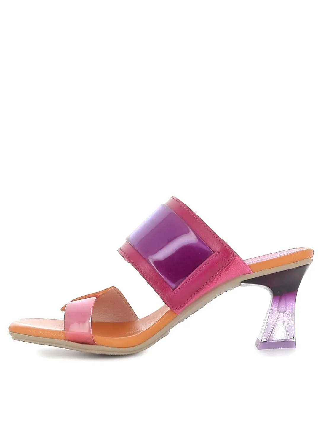 Sandalia vinilo con tacón para mujer naranja y rosa Hispanitas
