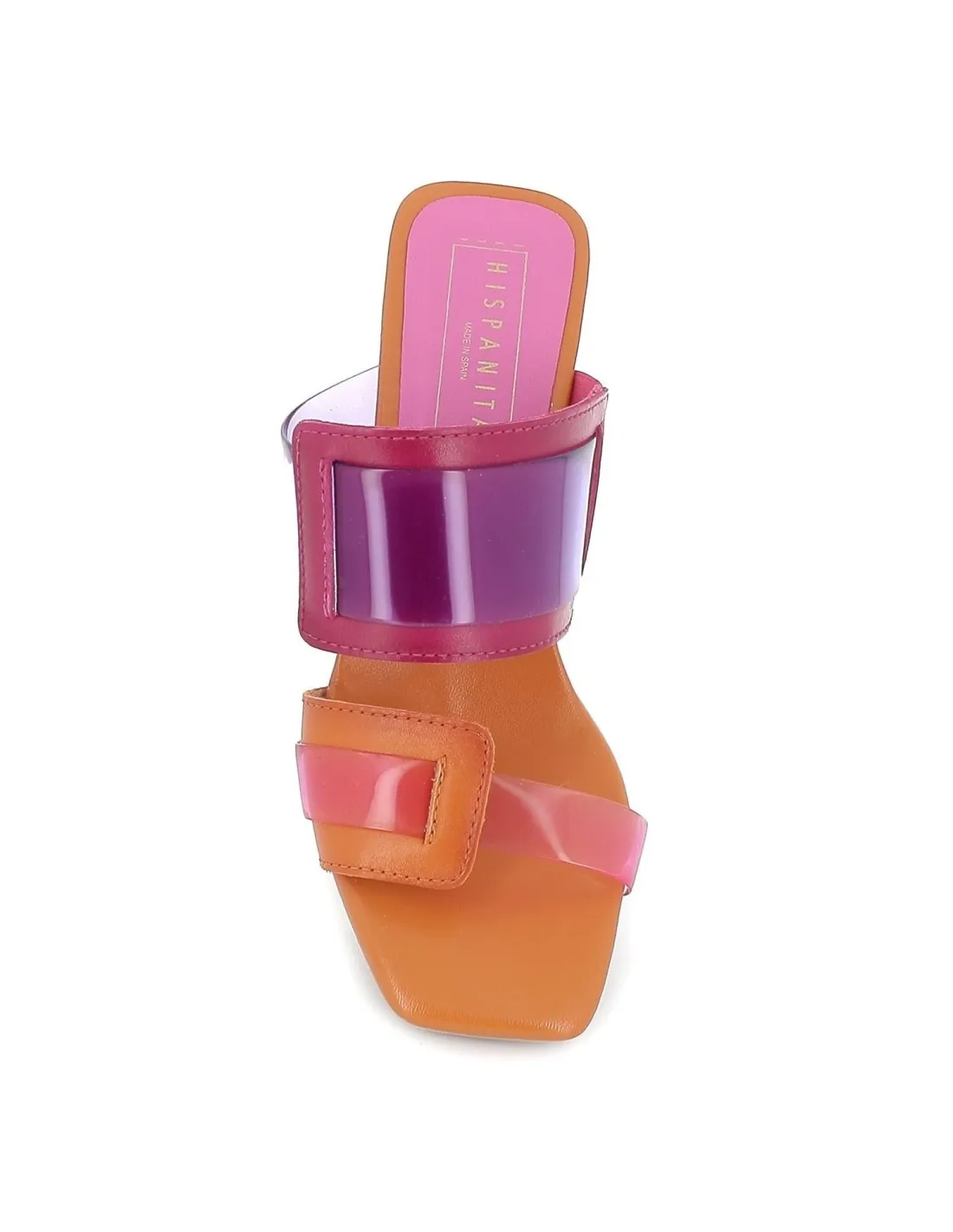 Sandalia vinilo con tacón para mujer naranja y rosa Hispanitas