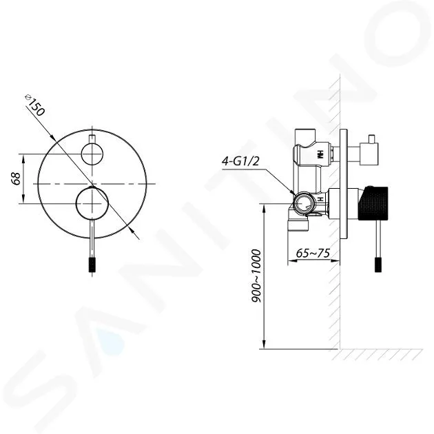 SAPHO SOLARIS  GRIFO EMPOTRADO PARA 2 DISPOSITIVOS, CON CUERPO DE MONTAJE, NEGRO MATE/COBRE MATE WD042PG