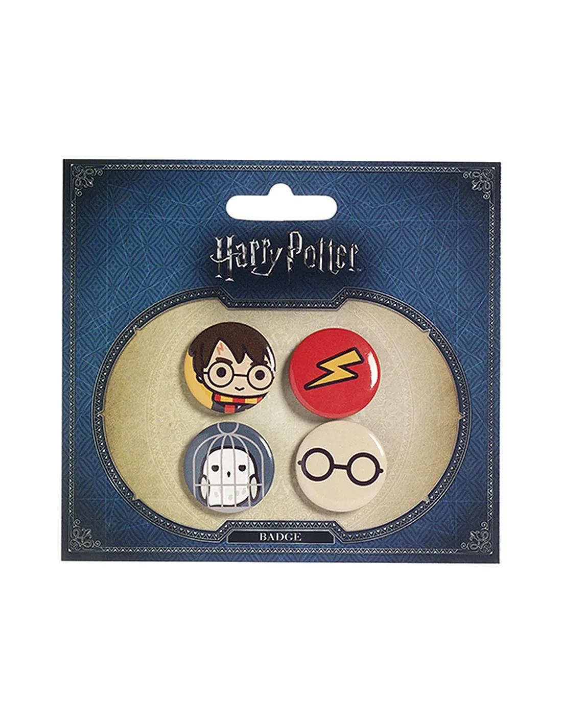Set de 4 insignias, Harry, Hedwig, Gafas y Marca