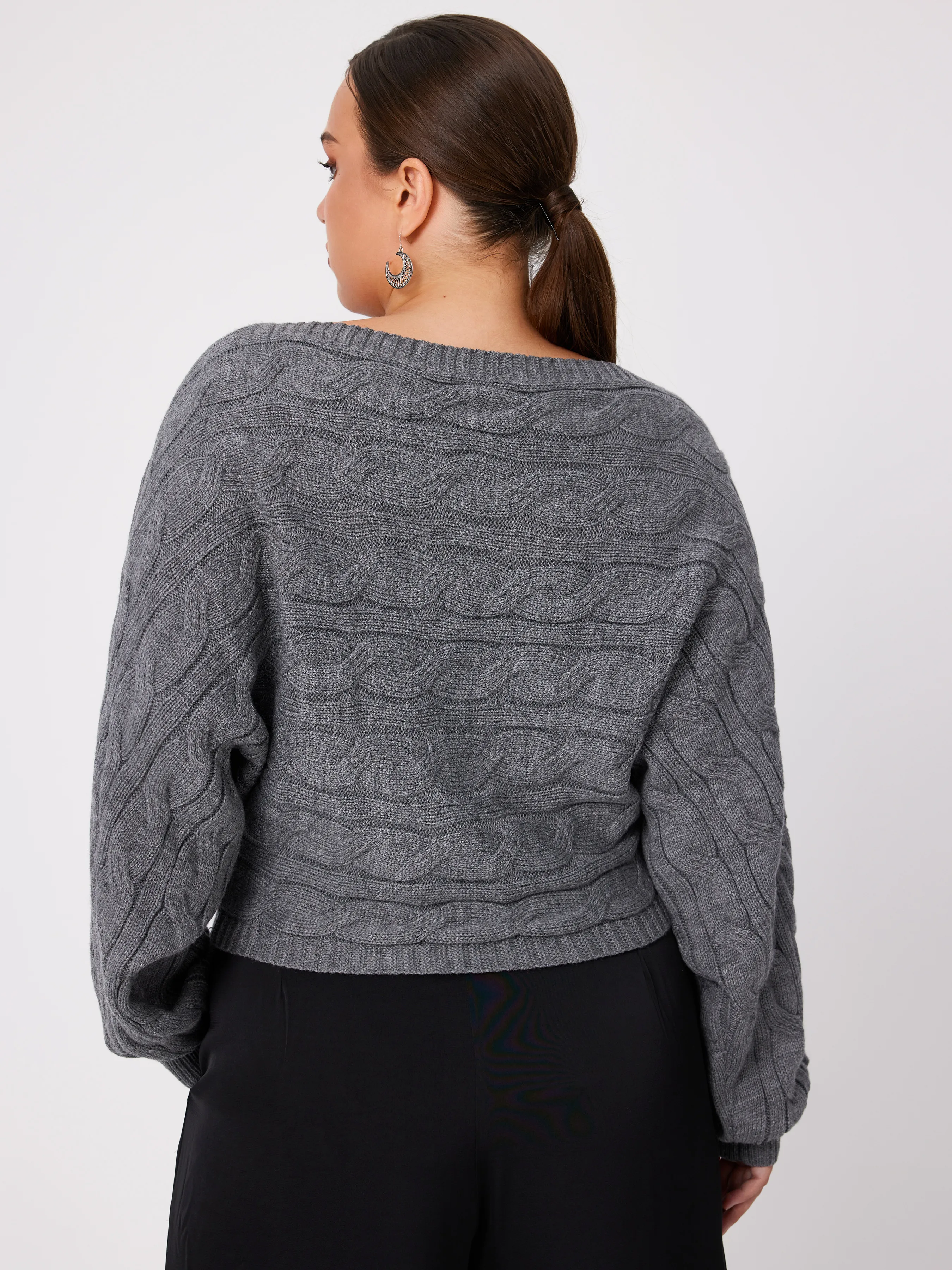 Top de manga larga de punto geométrico con escote redondo de Curvy
