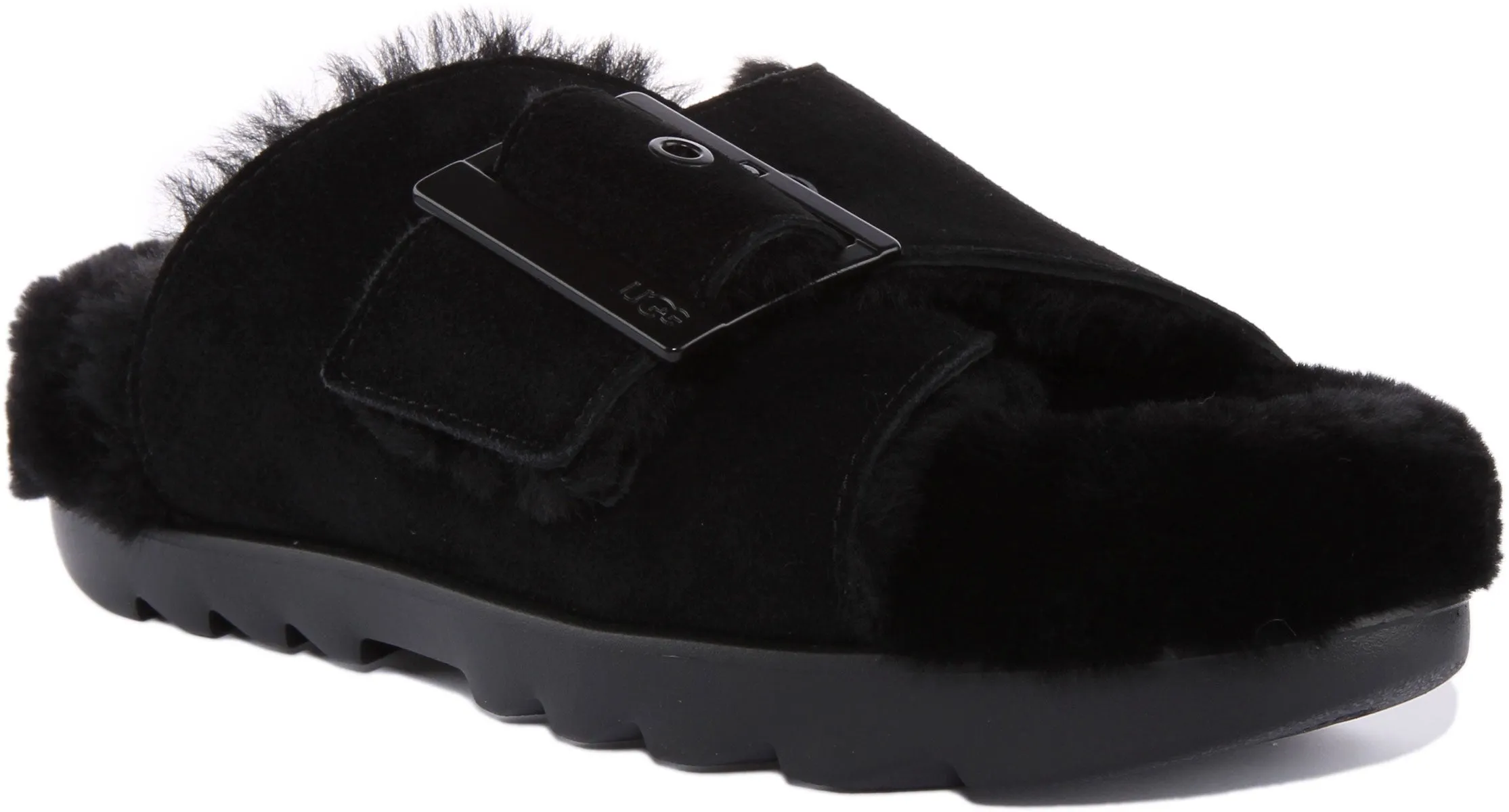 Ugg Outslide Sandalia de ante con hebilla para mujer en negro