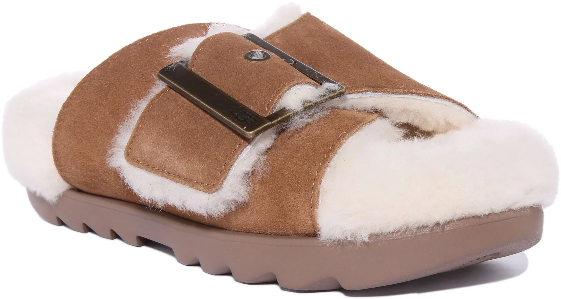 Ugg Outslide Sandalia de ante con hebilla para mujer en negro
