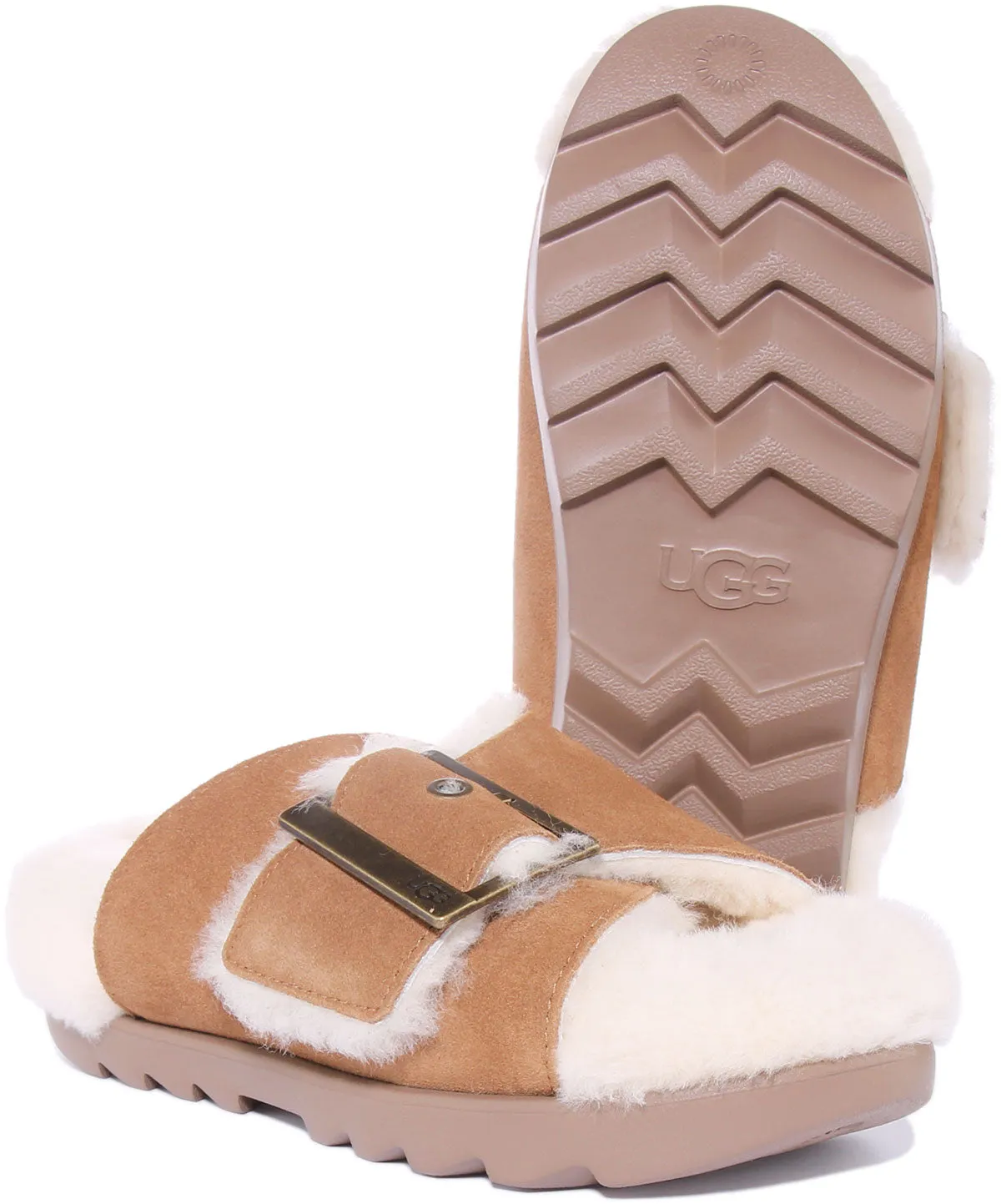 Ugg Outslide Sandalia de ante con hebilla para mujer en negro