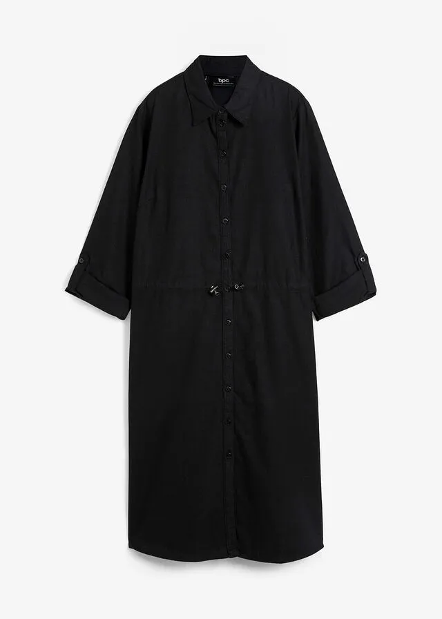 Vestido camisero con lino, goma elástica en la cintura, estilo militar y largo hasta la rodilla Negro