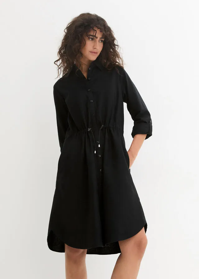 Vestido camisero con lino, goma elástica en la cintura, estilo militar y largo hasta la rodilla Negro