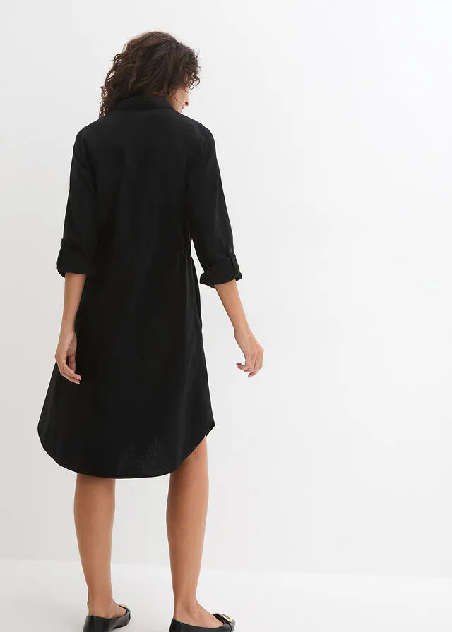Vestido camisero con lino, goma elástica en la cintura, estilo militar y largo hasta la rodilla Negro