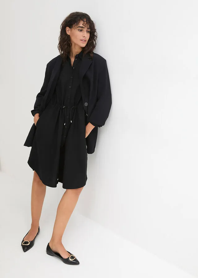 Vestido camisero con lino, goma elástica en la cintura, estilo militar y largo hasta la rodilla Negro