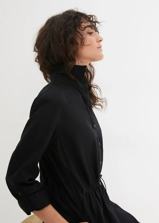 Vestido camisero con lino, goma elástica en la cintura, estilo militar y largo hasta la rodilla Negro