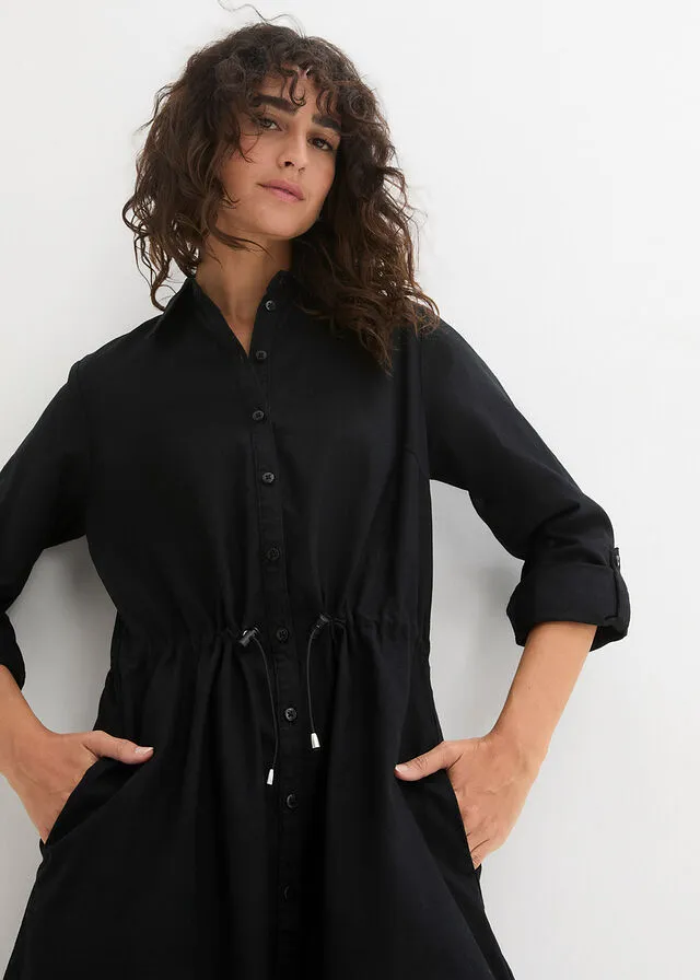Vestido camisero con lino, goma elástica en la cintura, estilo militar y largo hasta la rodilla Negro
