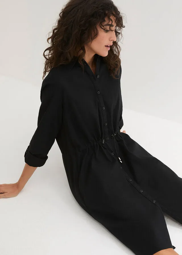 Vestido camisero con lino, goma elástica en la cintura, estilo militar y largo hasta la rodilla Negro