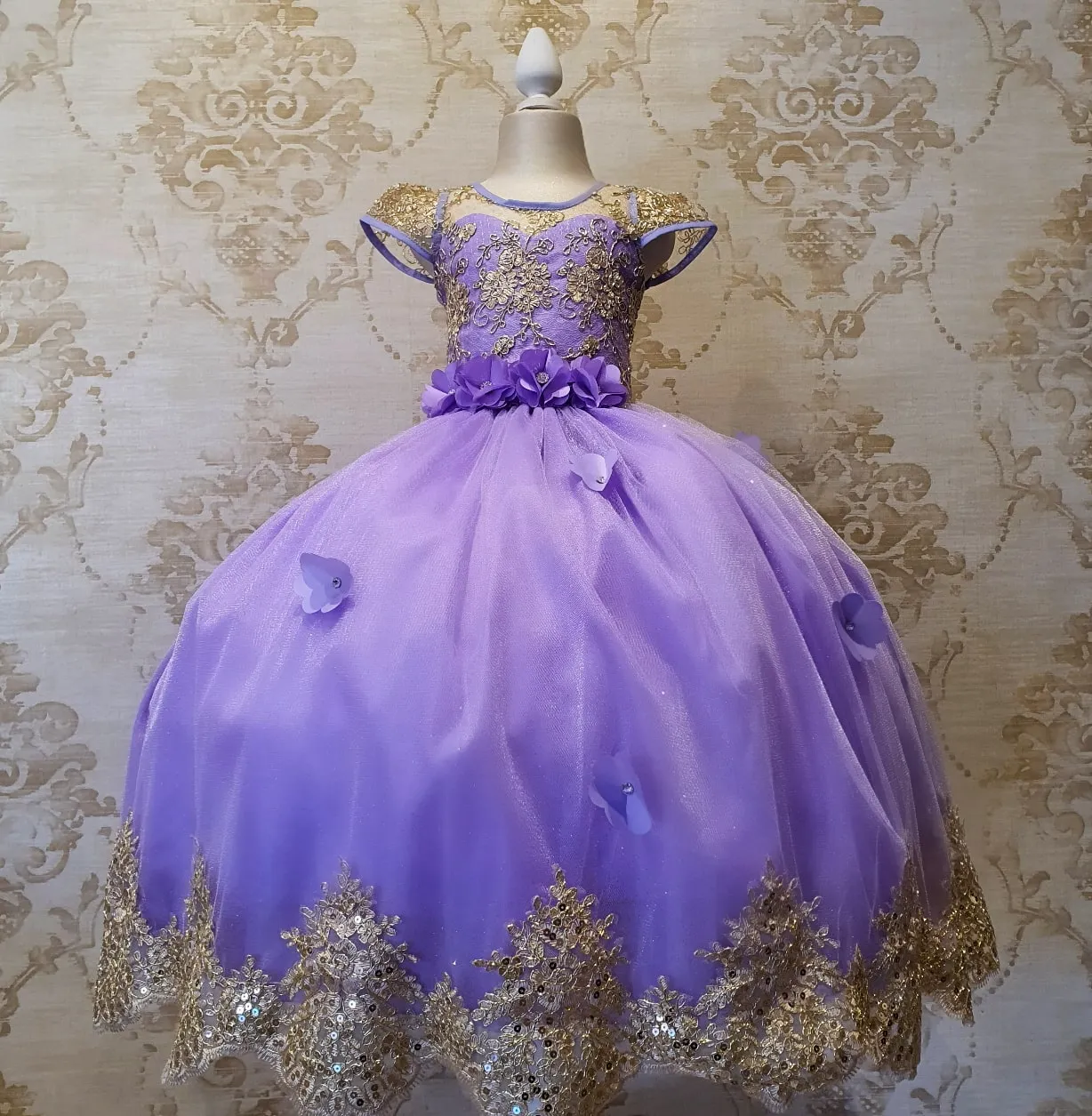 Vestido de Niña Fiesta Lila con Oro Manga Elegante Talla 2 a 12 Años