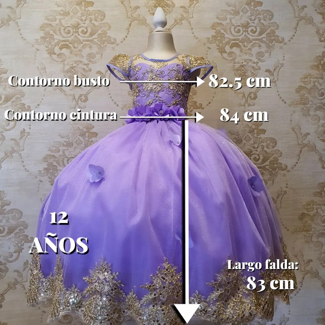 Vestido de Niña Fiesta Lila con Oro Manga Elegante Talla 2 a 12 Años