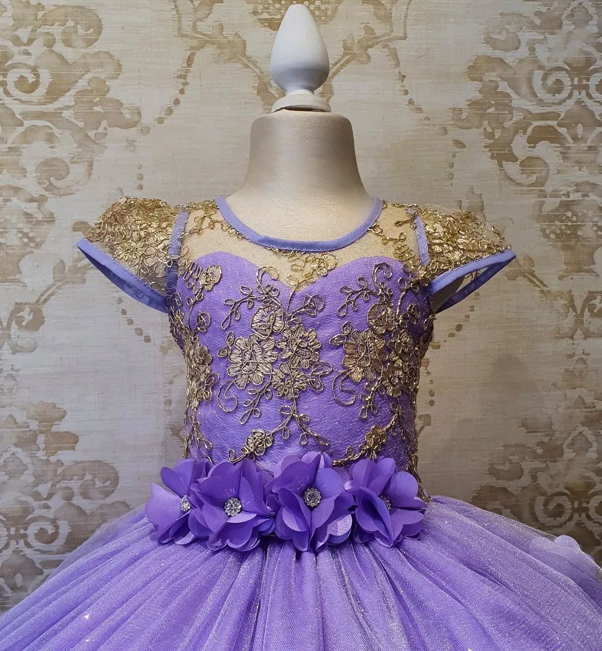 Vestido de Niña Fiesta Lila con Oro Manga Elegante Talla 2 a 12 Años